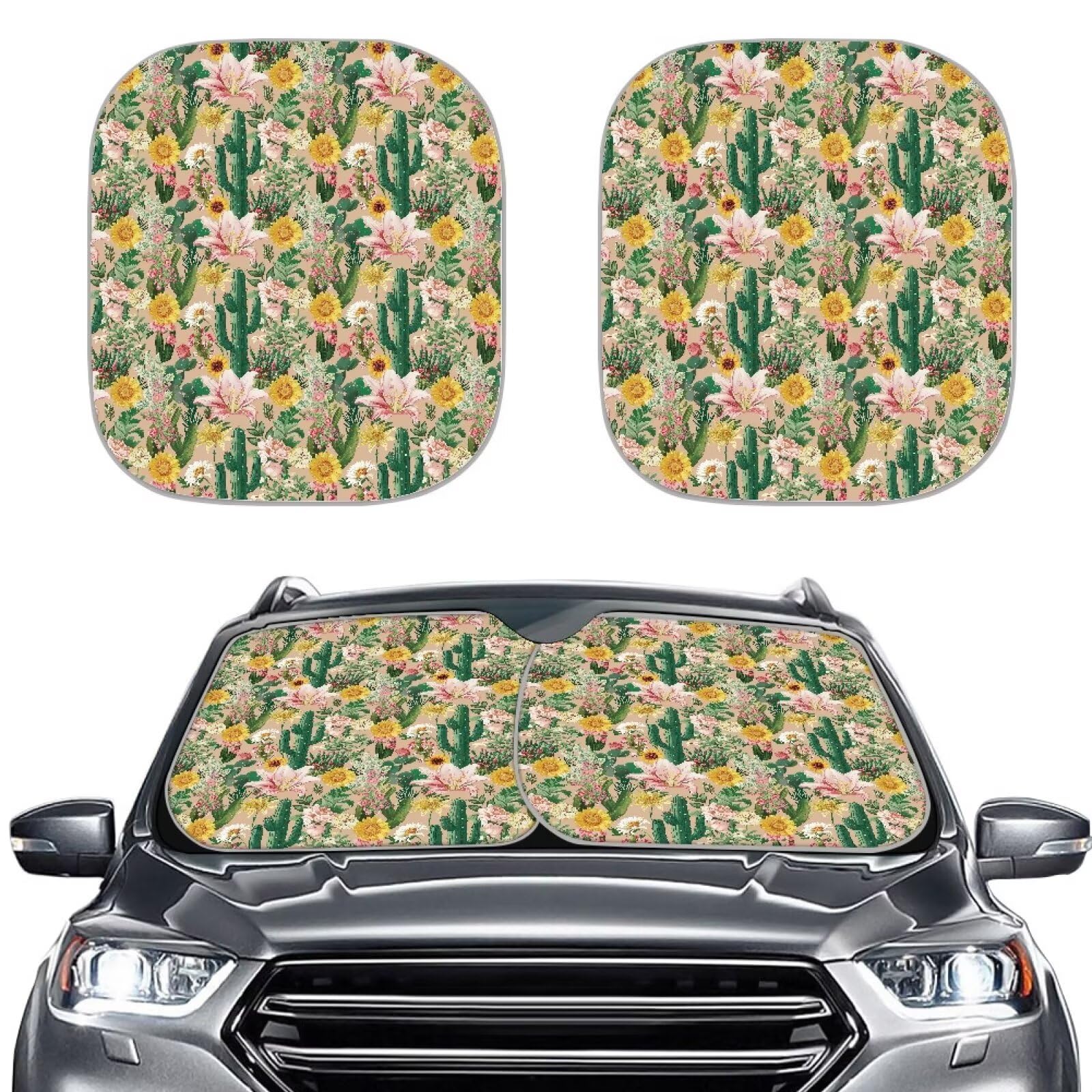 TOADDMOS Kaktus Auto Sonnenschutz Set von 2 Blumen Blumen Auto Windschutzscheibe Abdeckung Reflektierende Auto Schirm für UV-Strahlen und Sonne Hitzeschutz von TOADDMOS