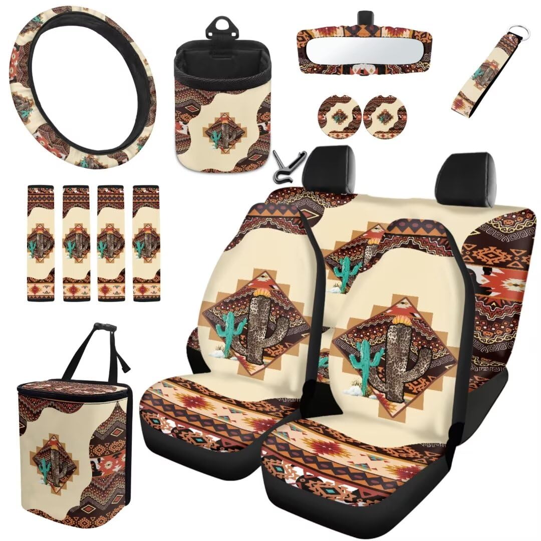 TOADDMOS Kaktus Autositzbezüge Full Set Auto Lenkrad Zubehör Aztec Geometrie Sicherheitsgurt Pads Tribal Style Air Vent Bag Auto Untersetzer Auto Müllbeutel Schlüsselanhänger, Satz 15 von TOADDMOS