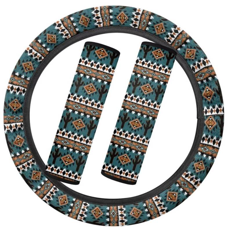 TOADDMOS Kaktus Warme Lenkradabdeckung und Sicherheitsgurt Abdeckung Pad für Frauen Männer Navajo Aztec Tribal Fuzzy Fluffy Auto Sicherheitsgurt Abdeckung Sicherheitsgurt Abdeckung, Blau von TOADDMOS