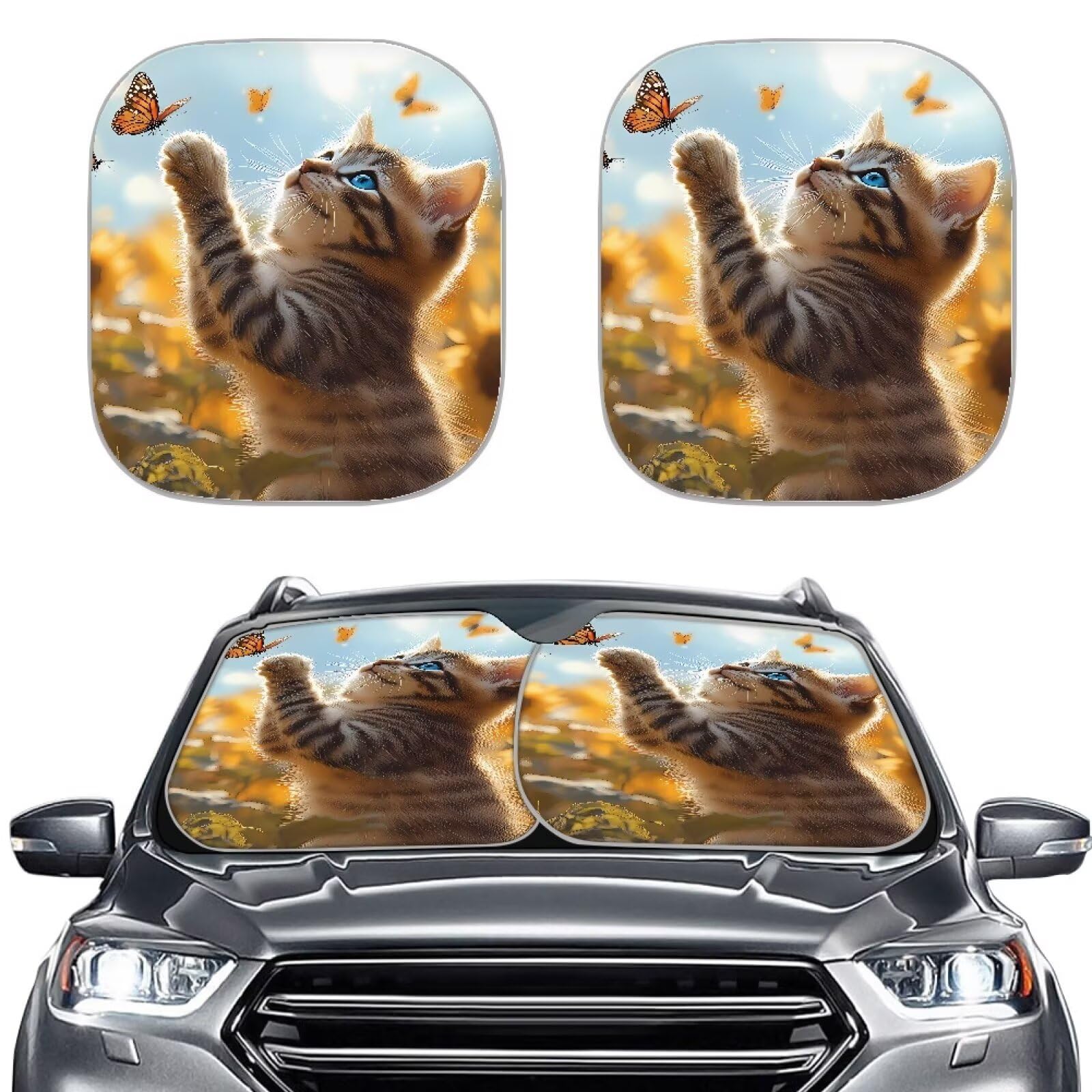 TOADDMOS Katze und Schmetterling Auto Sonnenschutz Gelbe Sonnenblume Auto Windschutzscheibe Sonnenschutz Set von 2 Blocking Sonnenschutz Abdeckung für Frauen Mädchen Auto SUV LKW von TOADDMOS