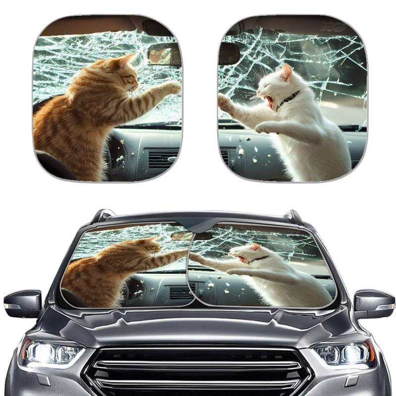 TOADDMOS Katzen Kampf Muster Auto Windschutzscheibe Sonnenschirme Universal Sonnenschirm Visier Set von 2 Universal Auto Windschutzscheibe Abdeckung Passend für Windschutzscheiben verschiedener Größen von TOADDMOS