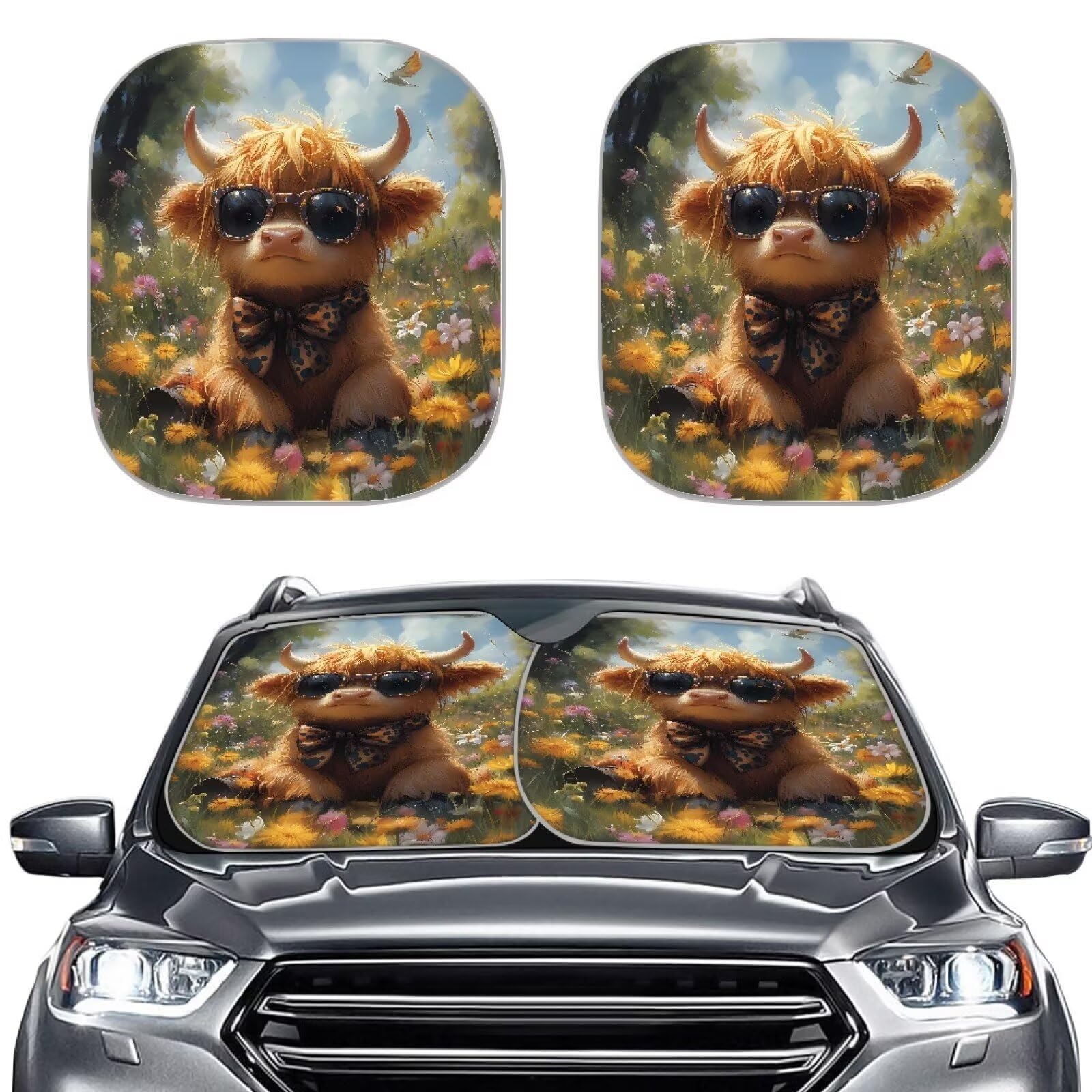 TOADDMOS Kawaii Highland Kuh Windschutzscheibe Sonnenschirme für Auto Sonnenschirm Visier Set von 2 Wild Floral Flowers UV Strahlen Reflector Shade, um schädliche UV Strahlen zu blockieren von TOADDMOS