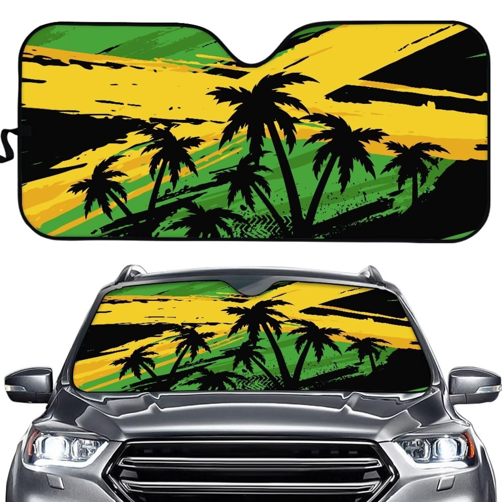 TOADDMOS Kokosbaum Auto Windschutzscheibe Sonnenschirm Jamaican Flagge Auto Schatten für Front Fenster Sommer Sonnenschutz für Front Fenster Blocks UV Strahlen von TOADDMOS