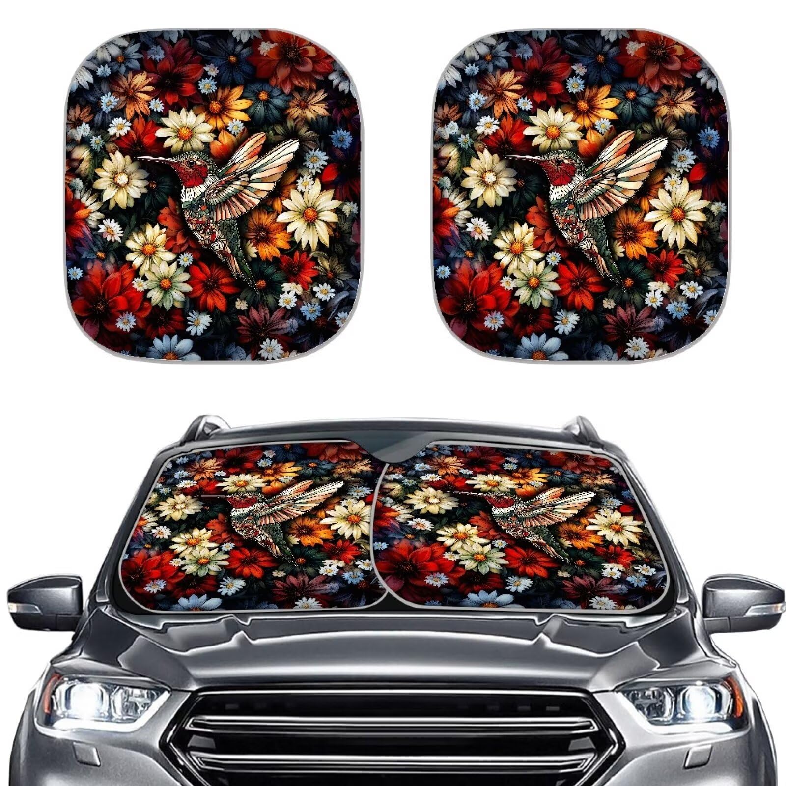 TOADDMOS Kolibri Auto Frontfenster Sonnenschirme Daisy Floral Flowers Automotive Windschutzscheibe Abdeckung für kühle Innenräume,2-teiliges Set von TOADDMOS