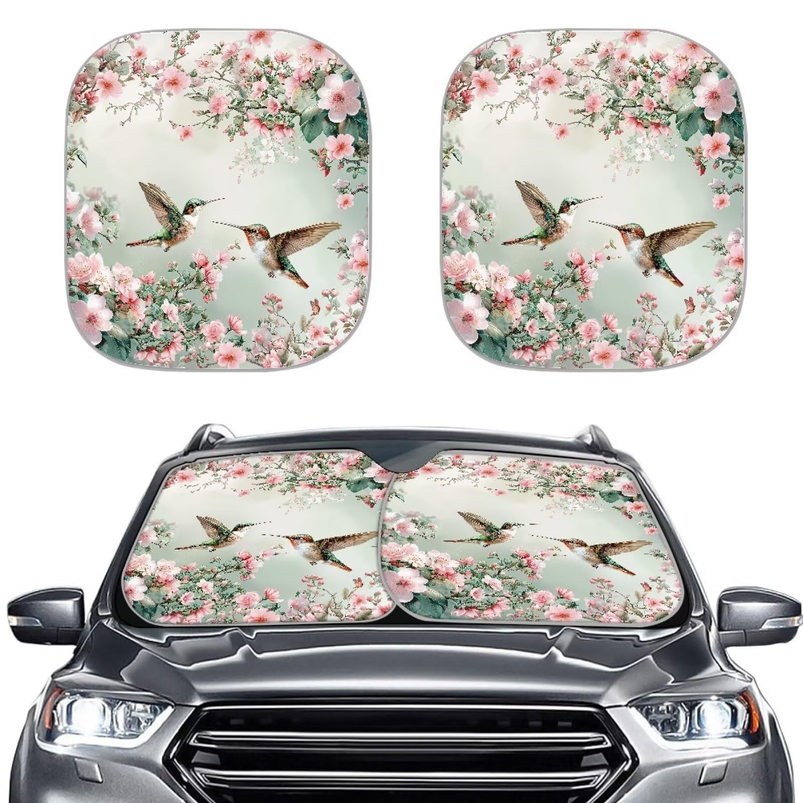 TOADDMOS Kolibri Auto Frontfenster Sonnenschirme Rosa Floral Blossom Sonnenschutz Set von 2 Auto Innenzubehör Visier hält UV-Strahlen fern von TOADDMOS