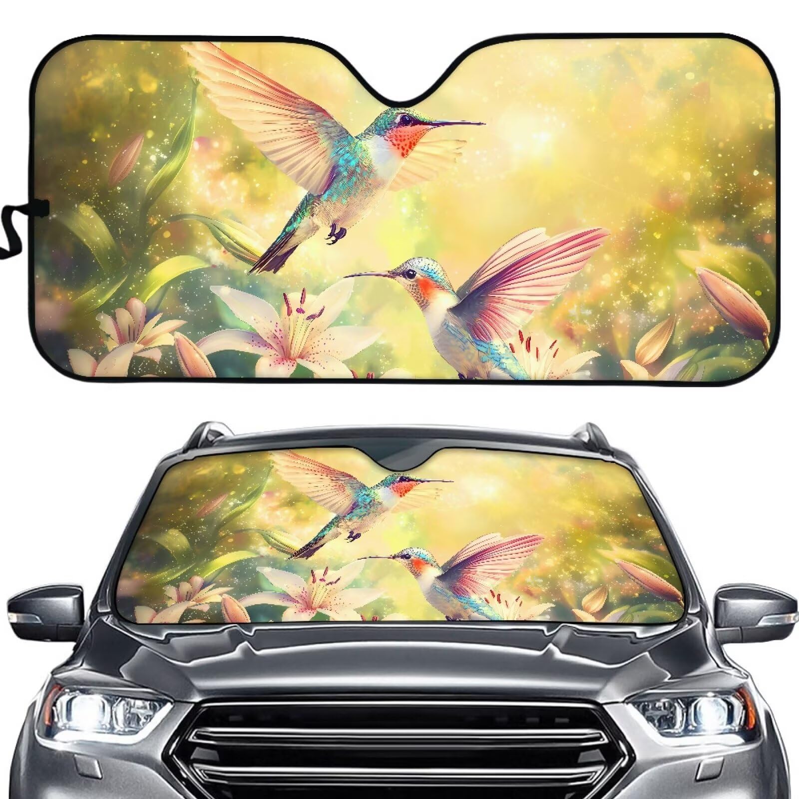 TOADDMOS Kolibri Auto Sonnenschutz Lilie Blumen Vorderfenster Schild Universal Auto Windschutzscheibe Sonnenschutz für Auto Innenraum Zubehör für Wärme von TOADDMOS