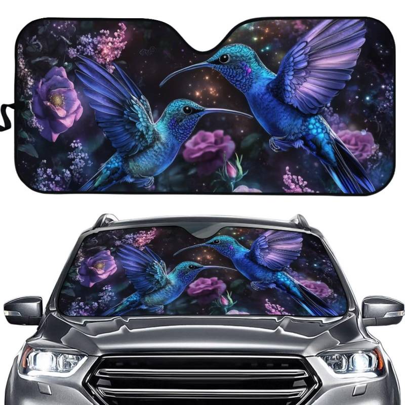 TOADDMOS Kolibri Auto Windschutzscheibe Sonnenschutz Lila Blumen Sonnenschutz Visor Schild Schatten Faltbares Automobil Innenraumzubehör für Sonnenschutz von TOADDMOS