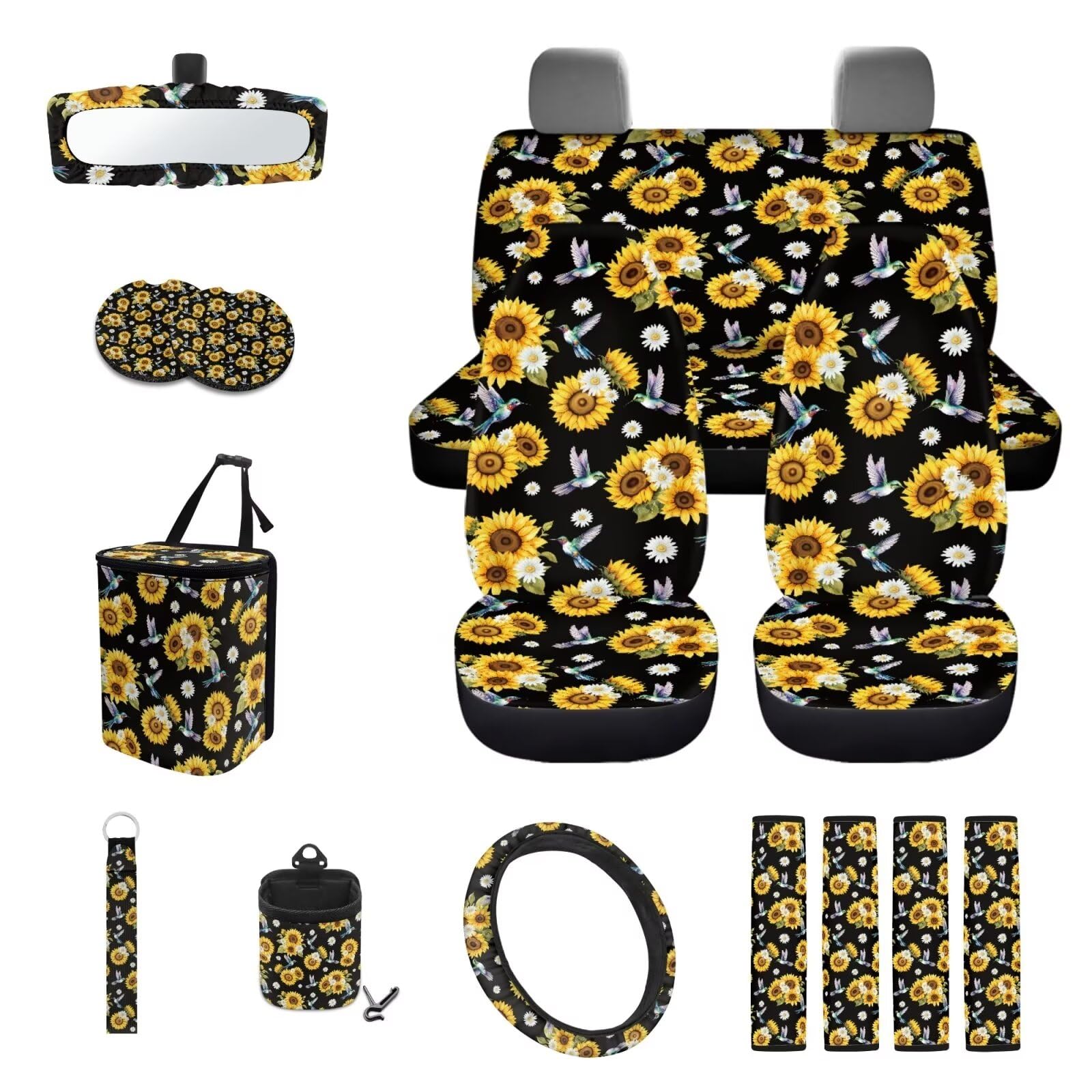 TOADDMOS Kolibri Blume Sonnenblume 15er Set Lenkradbezug Sicherheitsgurt Kissen Pad Mülleimer Halterung Sonnenbrillenhalter Rückspiegel Abdeckung Becherhalter Schlüsselanhänger Autozubehör von TOADDMOS