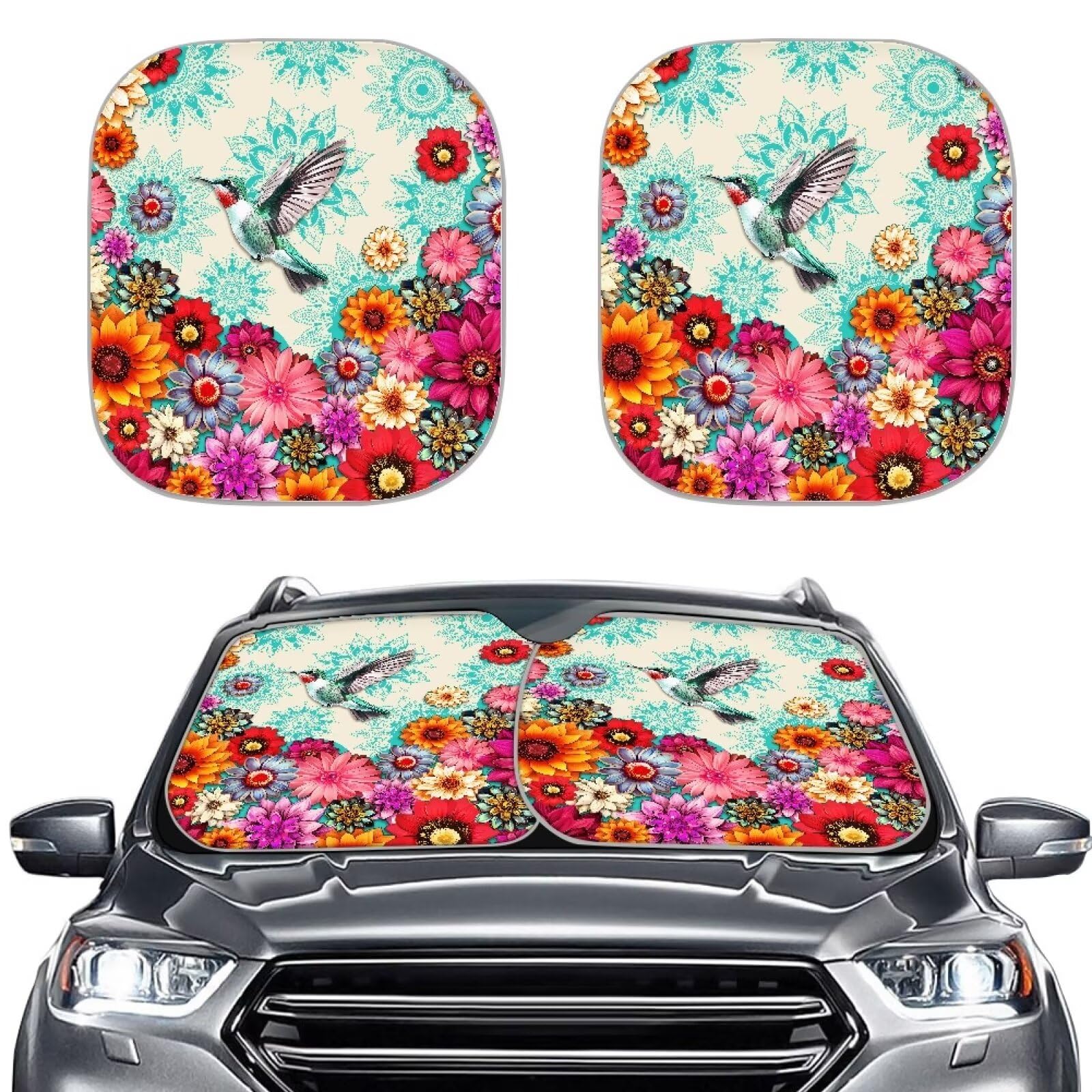 TOADDMOS Kolibri Sonnenschirme für Auto Sonnenblende Boho Mandala Dahlia Daisy Blossom Reflektierende Auto Displayschutz Blocks UV Strahlen für Innenraumschutz von TOADDMOS