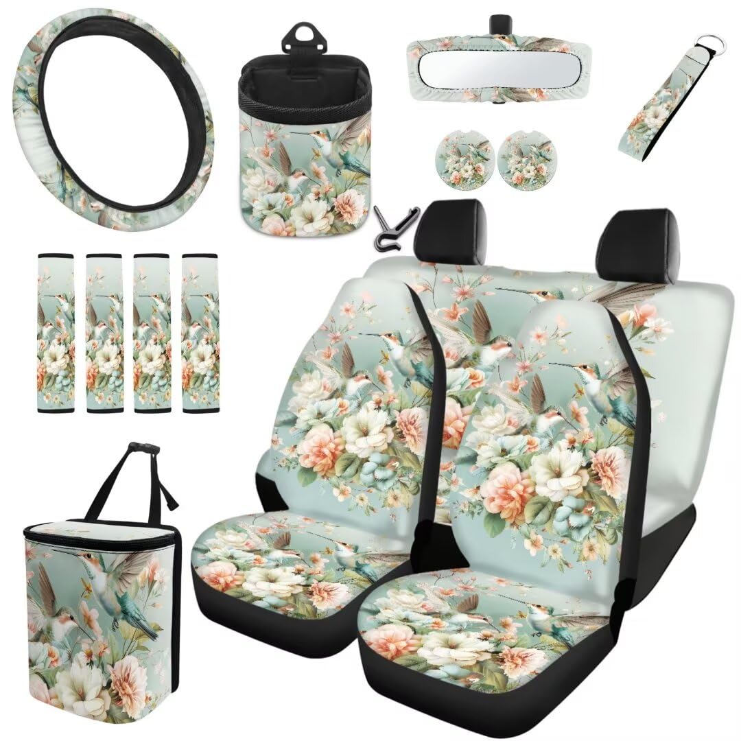 TOADDMOS Kolibris Auto Innenraum Sitzbezug Set Blumen Gürtel Pads Auto Müllbeutel Air Vent Aufbewahrungstasche Lenkrad Schutz Handgelenk Schlüsselanhänger Auto Untersetzer, Pack von 15 von TOADDMOS