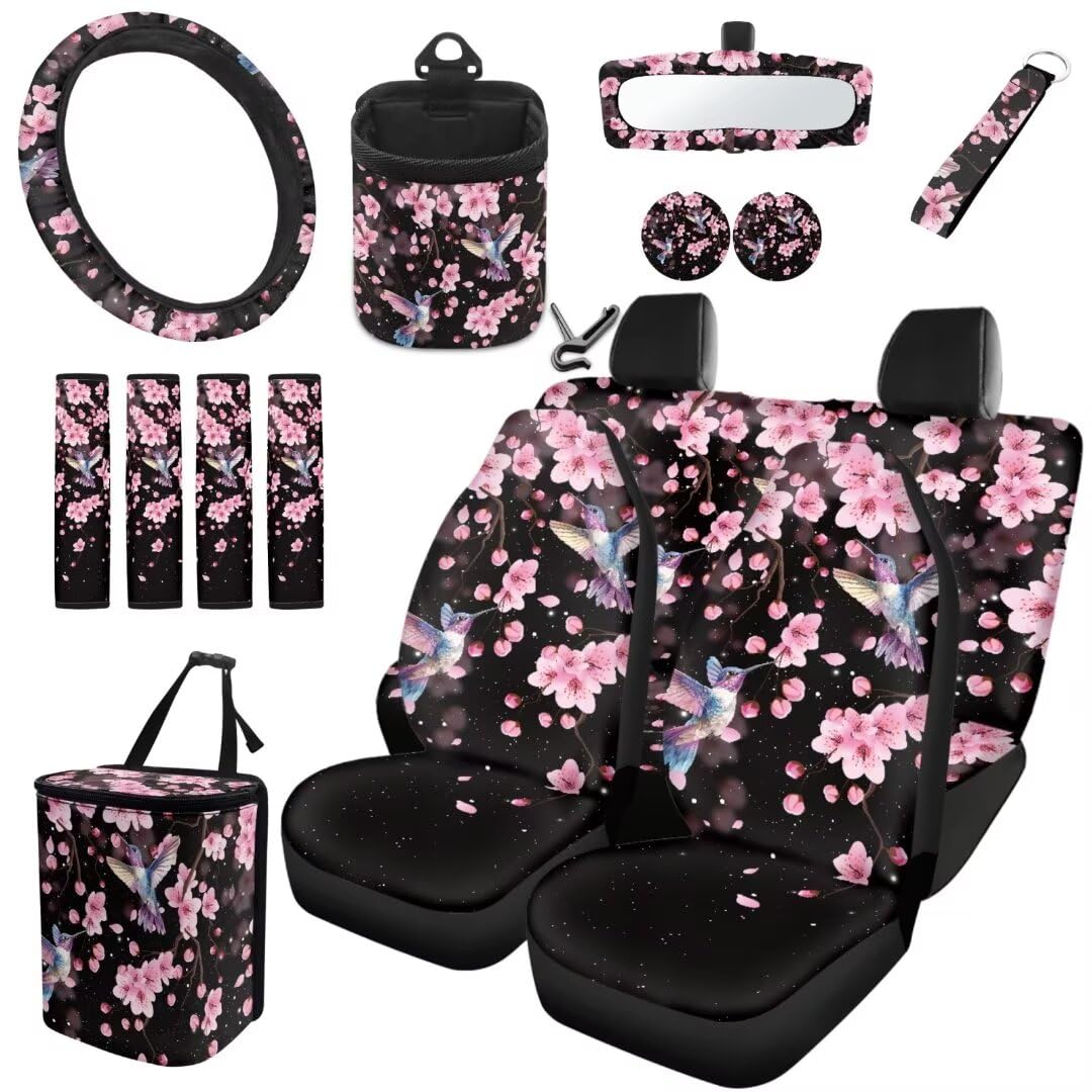 TOADDMOS Kolibris Auto Sitzbezüge Rosa Kirschblüte Auto Lenkrad Zubehör Sicherheitsgurt Pads Auto Müllbeutel Air Vent Bag Anti-Rutsch Matte Untersetzer Schlüsselanhänger,15 Stück Set von TOADDMOS