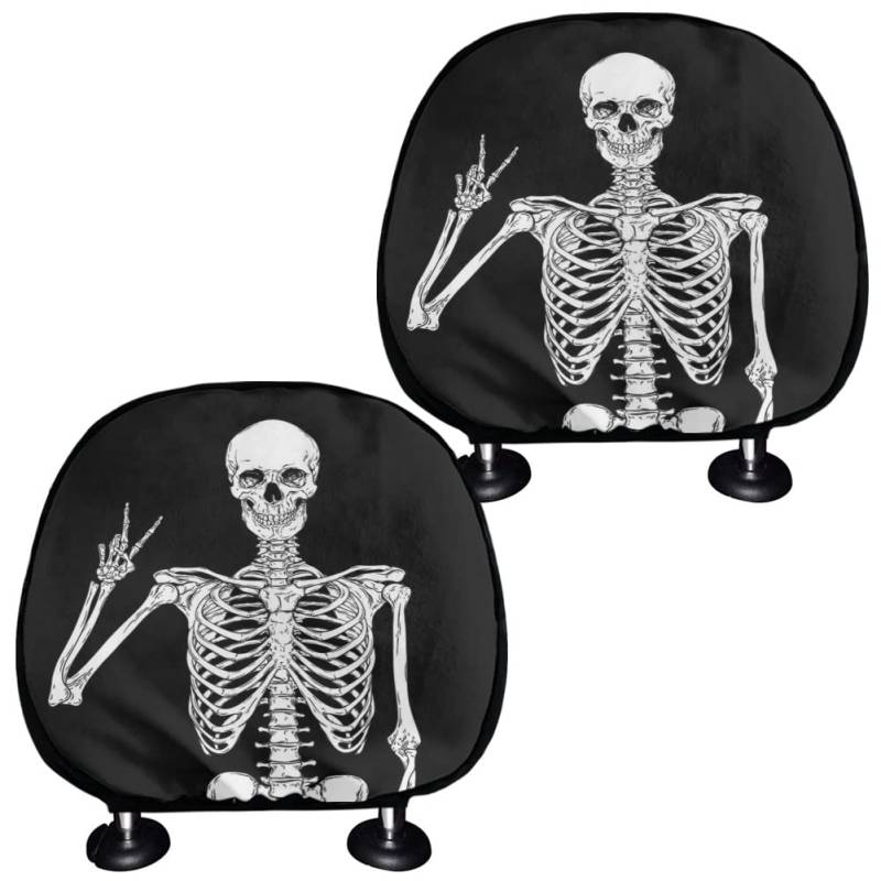 TOADDMOS Totenkopf Schwarz Halloween Autositz Kopfstützenbezug Bequem Polyester Kopfstützenbezug von TOADDMOS