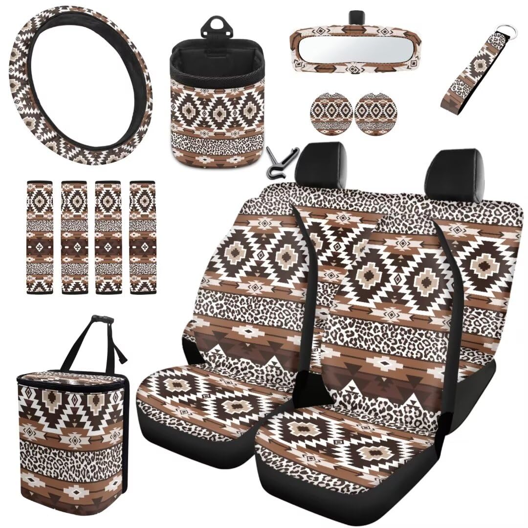 TOADDMOS Leopard Print Automobil Fahrzeug Innenraum Abdeckungen Set Aztec Tribal Auto Lenkrad Abdeckung Schlüsselkette Sicherheitsgurt Pads Air Vent Aufhängestasche Auto Untersetze,15 Pcs von TOADDMOS