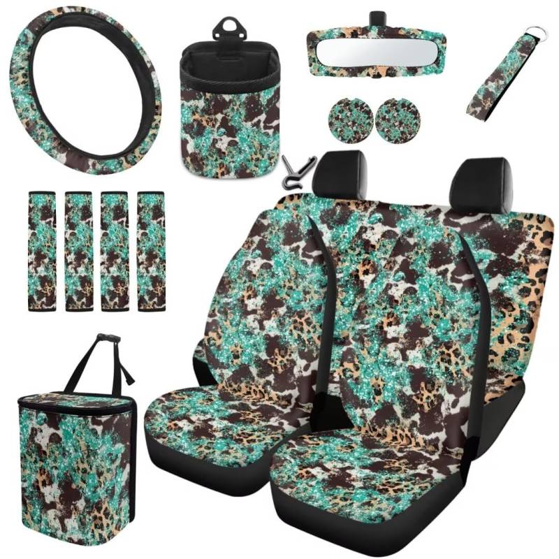 TOADDMOS Leopard＆Kuh Spots Druck Automobil Universal Sitzbezüge Set Auto Mülleimer Weiche Sicherheitsgurt Pad Auto Untersetzer Auto Lenkradabdeckung Schlüsselkette Air Vent Aufbewahrungstasche, 15PCS von TOADDMOS