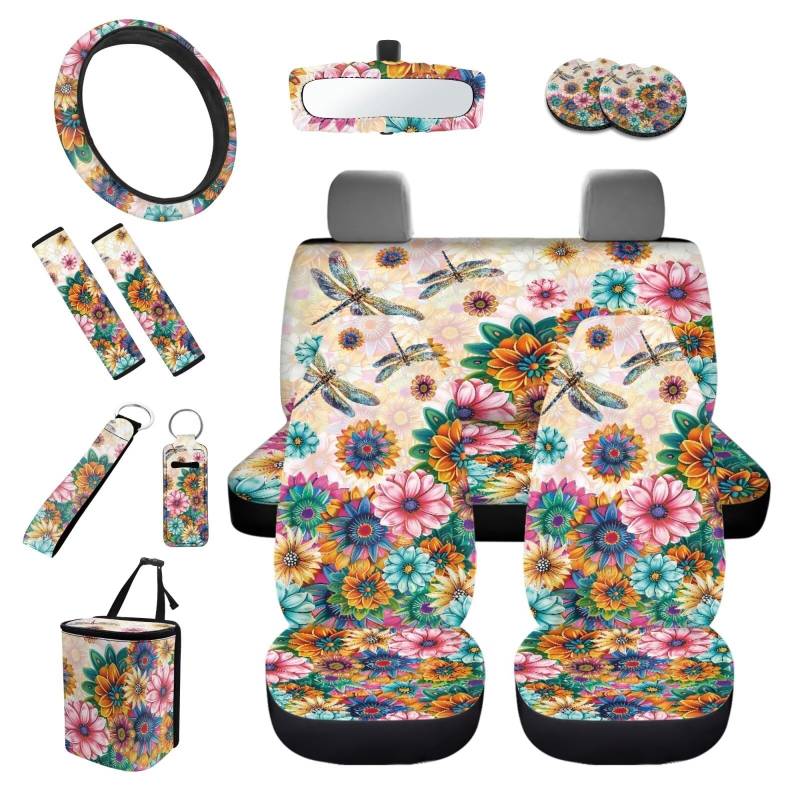 TOADDMOS Libelle Floral Blossoms Autositzbezüge mit Lenkradbezug, Sicherheitsgurtpolster, Schlüsselanhänger, Lippenstifte, Halter, Mülleimer, Untersetzer, Auto-Rückspiegelabdeckung, komplettes Set mit von TOADDMOS