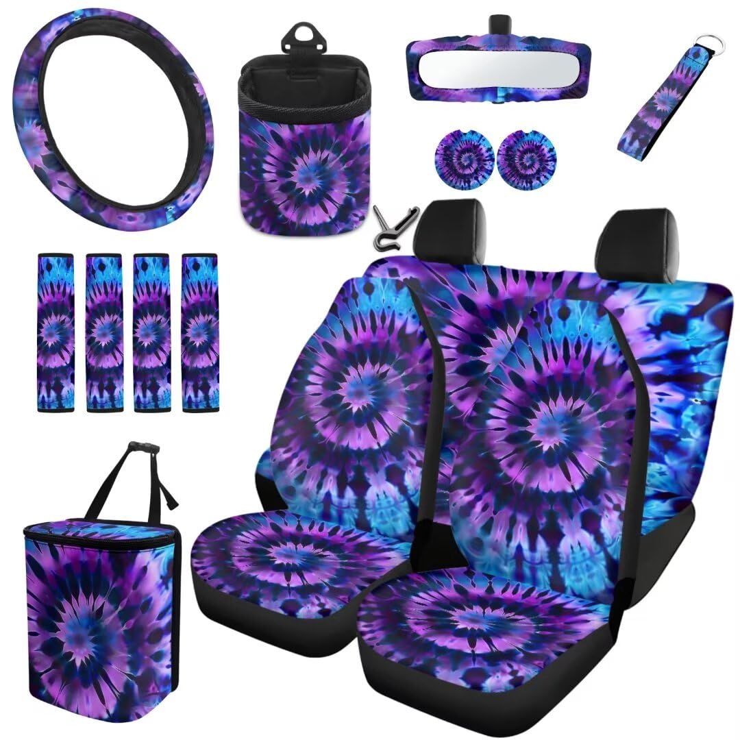 TOADDMOS Lila Blau Krawatte Dye Print Premium Polyester Sitzbezüge Set Auto Lenkrad Zubehör Schlüsselanhänger Air Vent Bag Auto Cup Halter Einsatz Untersetzer Sicherheitsgurt Gurt Pads von TOADDMOS