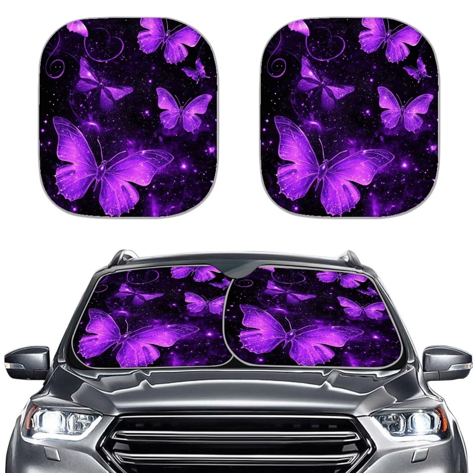 TOADDMOS Lila Schmetterling Shine Auto Sonnenschild Mode reflektierende Auto Bildschirmschutz Faltbare Auto Schatten für Auto Visor Frontfenster, 2 Stück Set von TOADDMOS