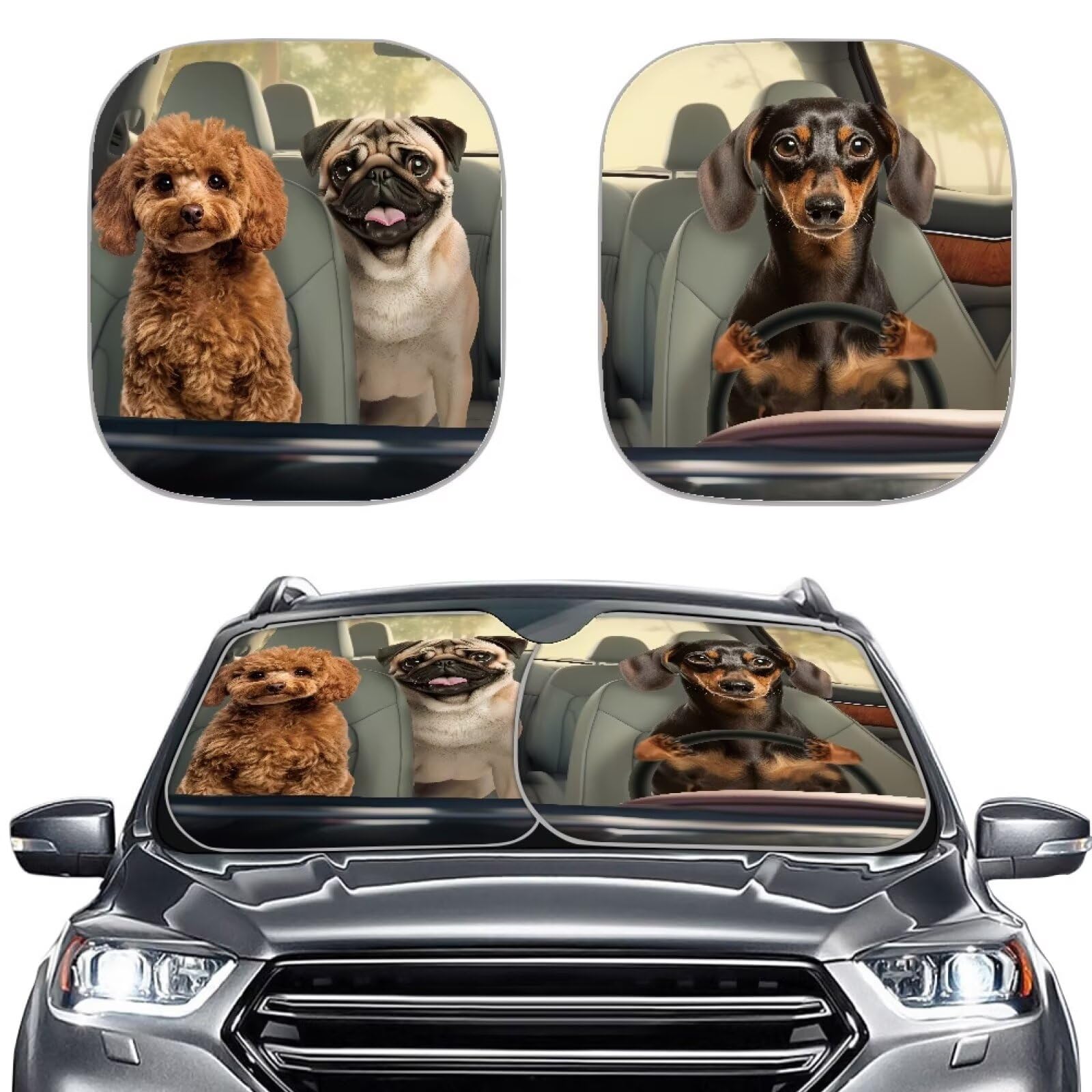 TOADDMOS Lustige Auto Schatten für Vorderfenster Dachshund Bulldogge Teddy Auto Fenster Schirm für Auto LKW SUV Sedan Windschutzscheibe Sonnenschirme, 2-teiliges Set von TOADDMOS