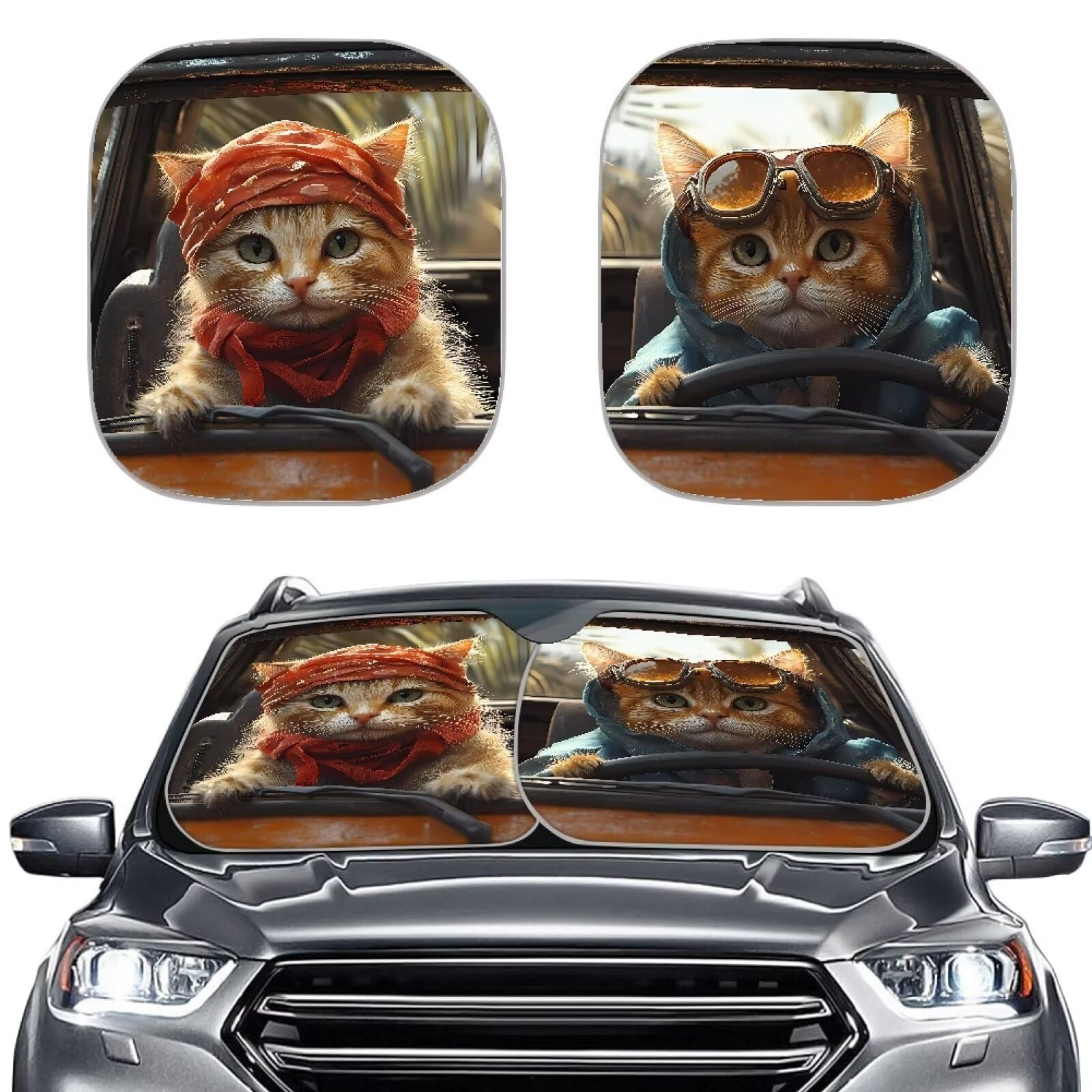 TOADDMOS Lustige Katze Fahrer Auto Windschutzscheibe Abdeckung Set von 2 Universal Sonnenblende Falten Windschutzscheibe Sonnenschutz für die meisten Fahrzeuge von TOADDMOS