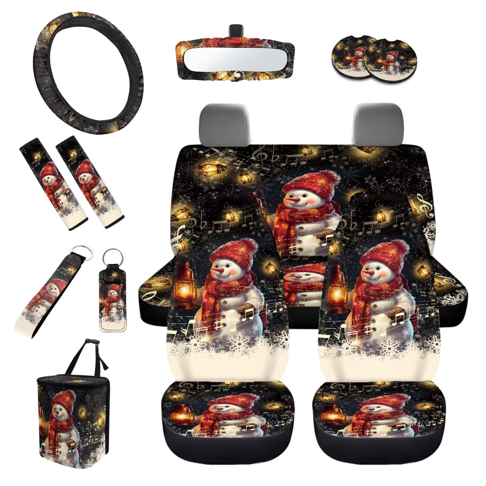 TOADDMOS Merry Christmas Schneemann Autositzbezüge, komplettes Set, vorne und hinten, geteilte Sitzschoner, Lenkradbezug, Gurtpolster, Untersetzer, Schlüsselanhänger, Müllbeutel, Rückspiegel, von TOADDMOS