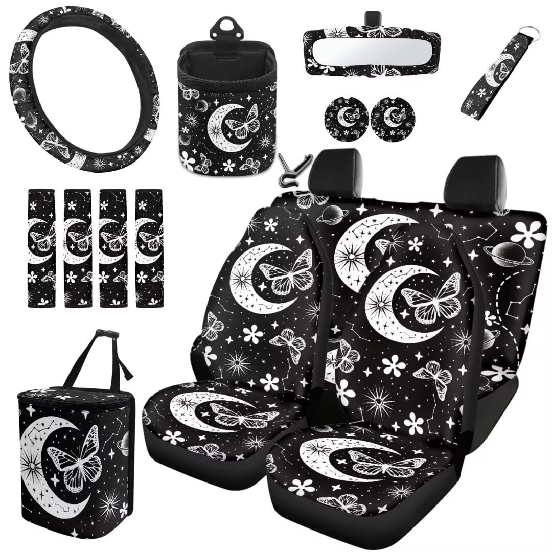 TOADDMOS Moon Butterfly Autositzbezüge Set Blumenblumen Air Vent Aufbewahrungstasche Auto Untersetzer Auto Cup Halter Einsatz Untersetzer Auto Lenkradabdeckung Sicherheitsgurt Pads Schlüsselanhänger von TOADDMOS