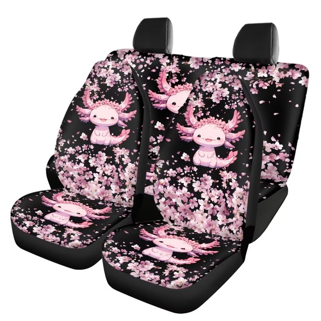 TOADDMOS Nette Axolotl Autositzbezüge Set für Frauen Nette Mädchen Rosa Kirschblüte Vordere Rücksitzbezüge Volle Wickelkante Premium Polyester Sitzbezüge-Universal Fit für Autos, Trucks&SUVs, 4PCS von TOADDMOS