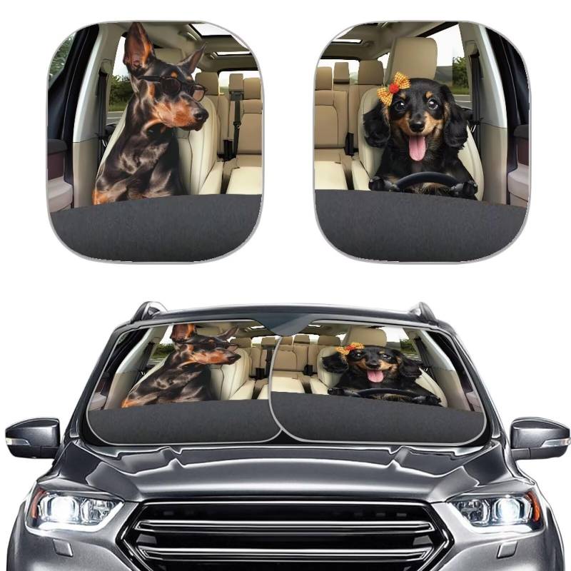 TOADDMOS Nette Dachshunds Auto Sonnenschirme Doberman Pinscher Blocking Sonnenschutz Abdeckung für Auto Windschutzscheibe Sonnenschirme Set von 2,Auto Zubehör für Hitze von TOADDMOS