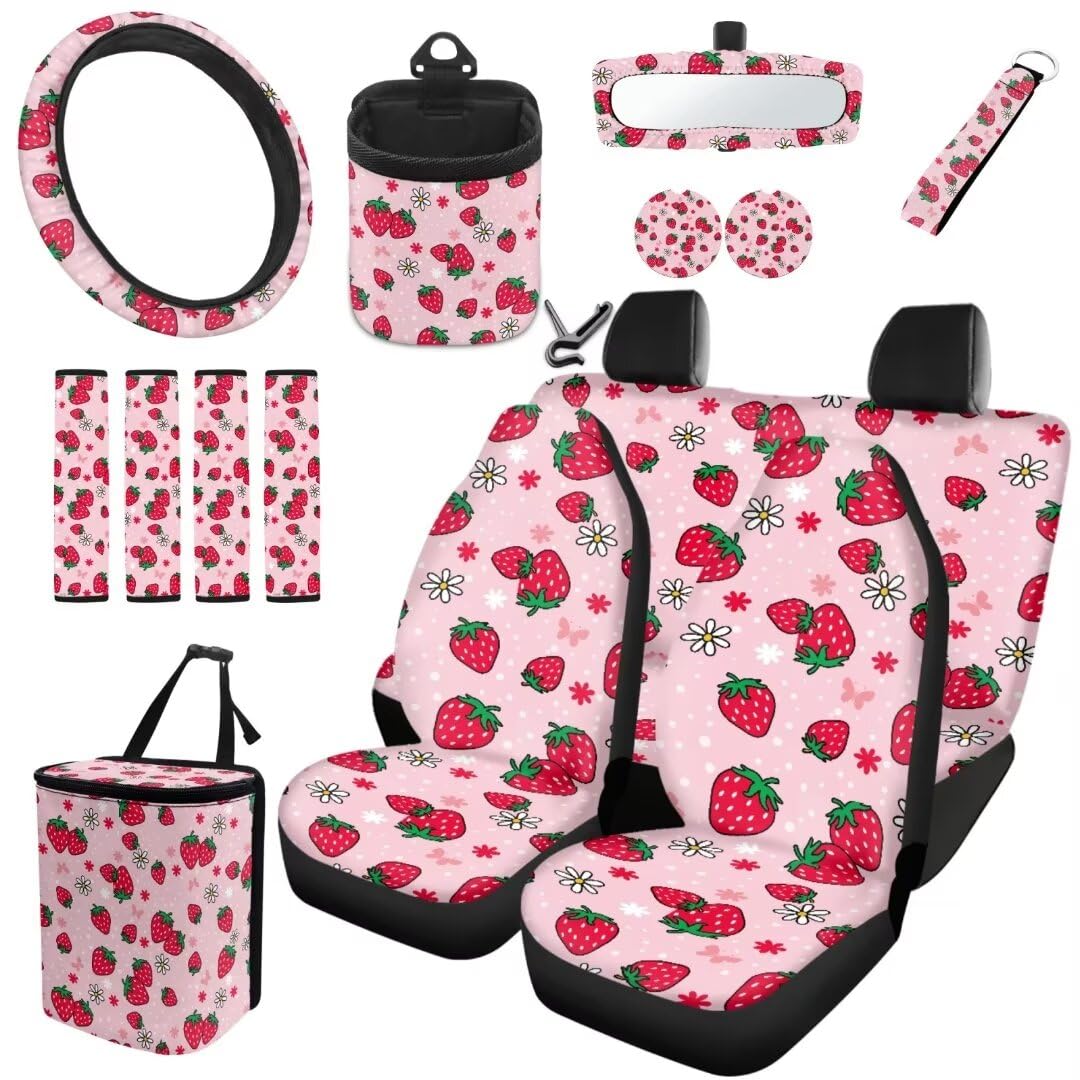 TOADDMOS Nette Erdbeere Auto Innenraum Sitzbezug Set für Frauen Lady Sicherheitsgurt Pads Auto Cup Halter Untersetzer Handgelenk Schlüsselanhänger Auto Lenkradabdeckung Air Vent Bag,15 Pcs von TOADDMOS