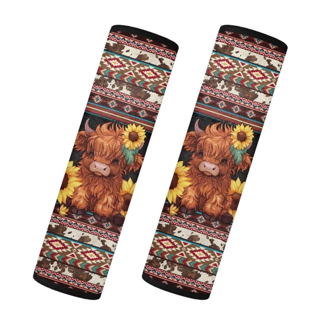 TOADDMOS Nette Sonnenblume Hochland Kuh Sicherheitsgurt Abdeckung Pad Aztec Tribal Kuh Spots Auto Sicherheitsgurt Protektoren für LKW SUV Van Auto 2-Pack Warme Schulterpolster von TOADDMOS