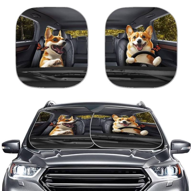 TOADDMOS Netter Corgi Fahrer Sonnenschutz für Auto Windschutzscheibe Schmetterling Auto Shades Pack von 2 lustigen Auto Windschutzscheibe Abdeckung, um schädliche UV Strahlen zu blockieren von TOADDMOS