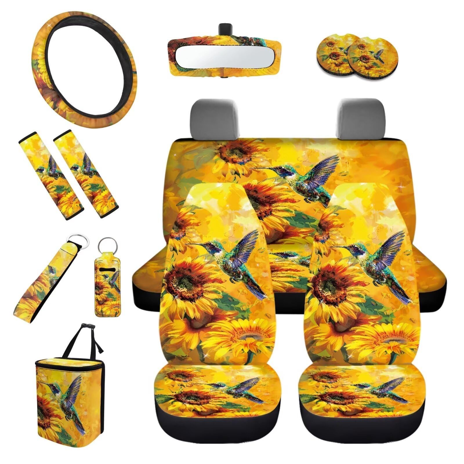 TOADDMOS Palm Tree Sunset Autositzbezüge, komplettes Set, Lenkradbezug, Sicherheitsgurtschutz, Untersetzer, Schlüsselanhänger, Llipstick-Abdeckung, Rückspiegelabdeckung, Müllbeutel, universelle von TOADDMOS