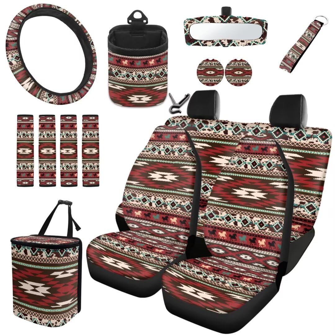 TOADDMOS Pferd Universal Sitzbezüge für Autos Aztec Tribal Lenkradabdeckungen Müllbeutel Sicherheitsgurt Gurt Pads Air Vent Halterungshalter Untersetzer Handgelenk Schlüsselanhänger,15 Stück Set von TOADDMOS