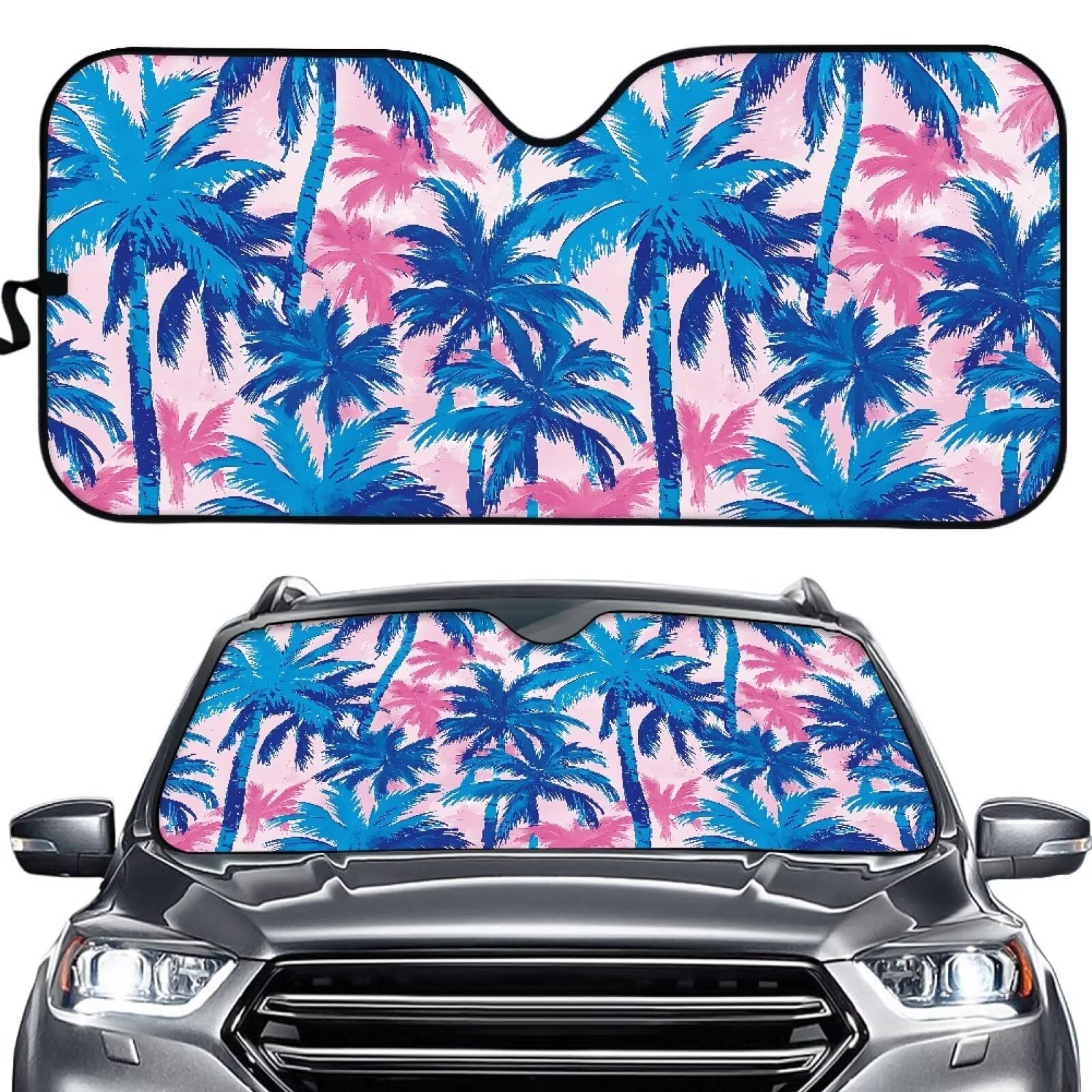 TOADDMOS Pink Blue Coconut Palm Windschutzscheibe Sonnenschirm für Auto Truck & SUV Blocker Screen Visor Protector Abdeckung reflektierende Blöcke Wärme und Sonne, einfach zu bedienen von TOADDMOS