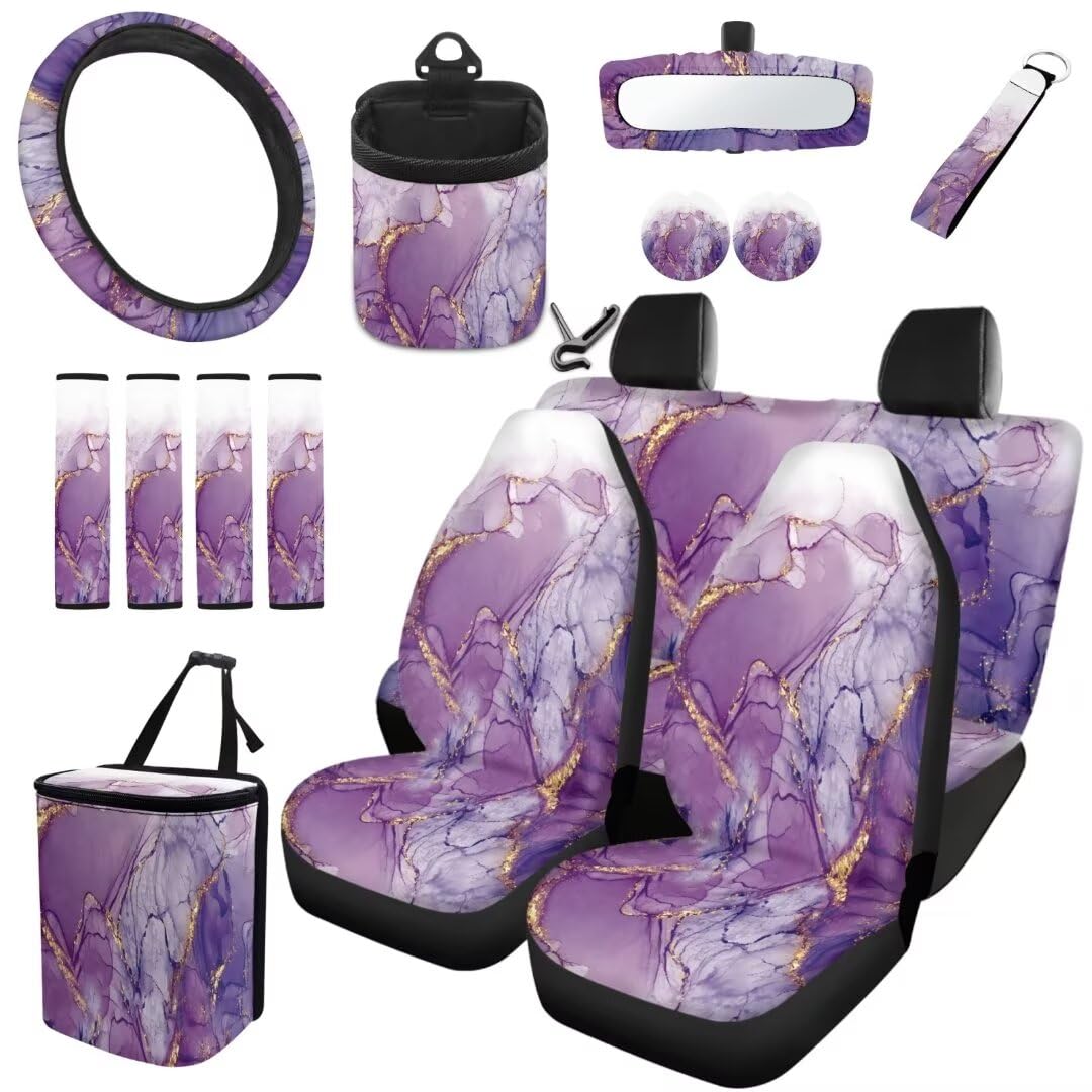 TOADDMOS Purple Gold Marmor Autositzbezüge Voller Satz von 15 Sicherheitsgurt Kissen Pad Auto Lenkradabdeckung Auto Cup Matte Auto Müllbeutel Air Vent Aufbewahrungstasche Handgelenk Schlüsselanhänger von TOADDMOS