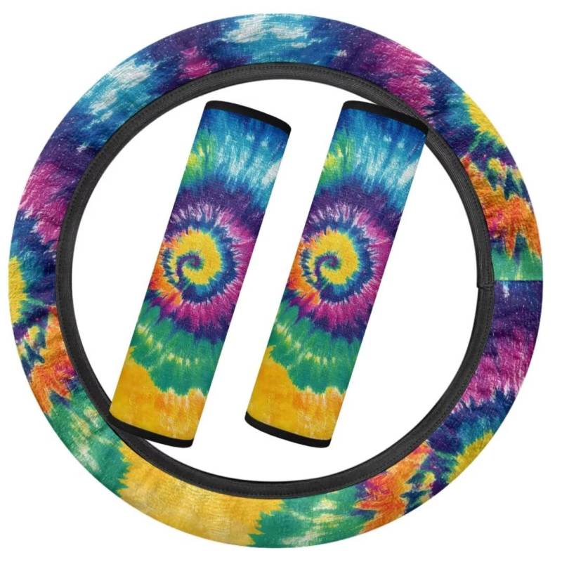 TOADDMOS Rainbow Tie Dye Print Auto Lenkradabdeckung für Frauen Weiche Warme Lenkradabdeckung＆Sicherheitsgurt Cover Pad, Nur Fit für Autos von TOADDMOS