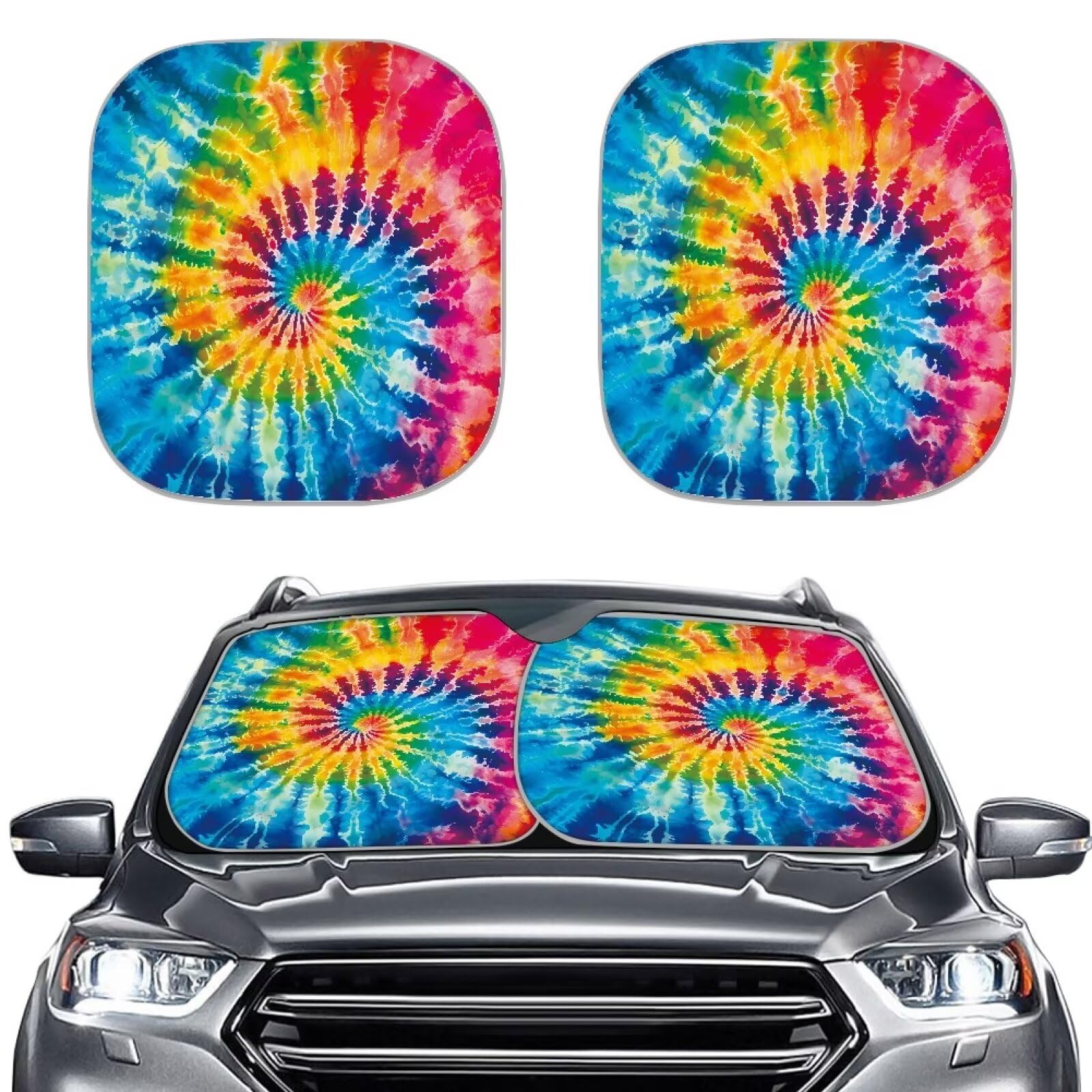 TOADDMOS Rainbow Tie Dye Print Sonnenschutz für Auto Front Fenster Sonnenschutz Windschutzscheibe Sonnenschutz Abdeckung für UV Strahlen und Sonne Hitzeschutz,2-teiliges Set von TOADDMOS