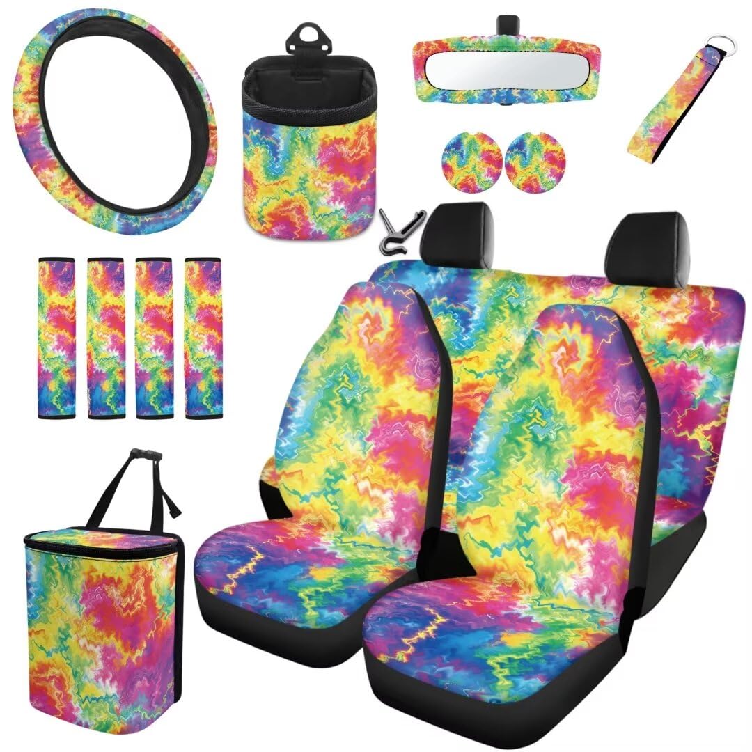 TOADDMOS Regenbogen Krawatte Dye Print Universal Sitzbezüge für Autos Cup Matte Anti-Rutsch Matte Untersetzer Sicherheitsgurt Pads Auto Lenkradabdeckung Air Vent Aufhängestasche,15 Stück Set von TOADDMOS