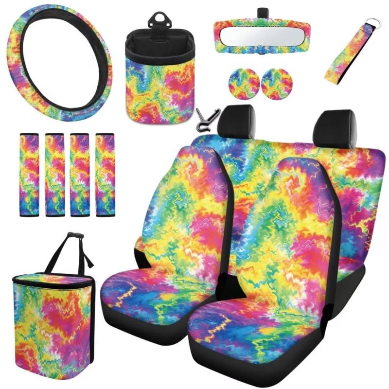 TOADDMOS Regenbogen Krawatte Dye Print Universal Sitzbezüge für Autos Cup Matte Anti-Rutsch Matte Untersetzer Sicherheitsgurt Pads Auto Lenkradabdeckung Air Vent Aufhängestasche,15 Stück Set von TOADDMOS