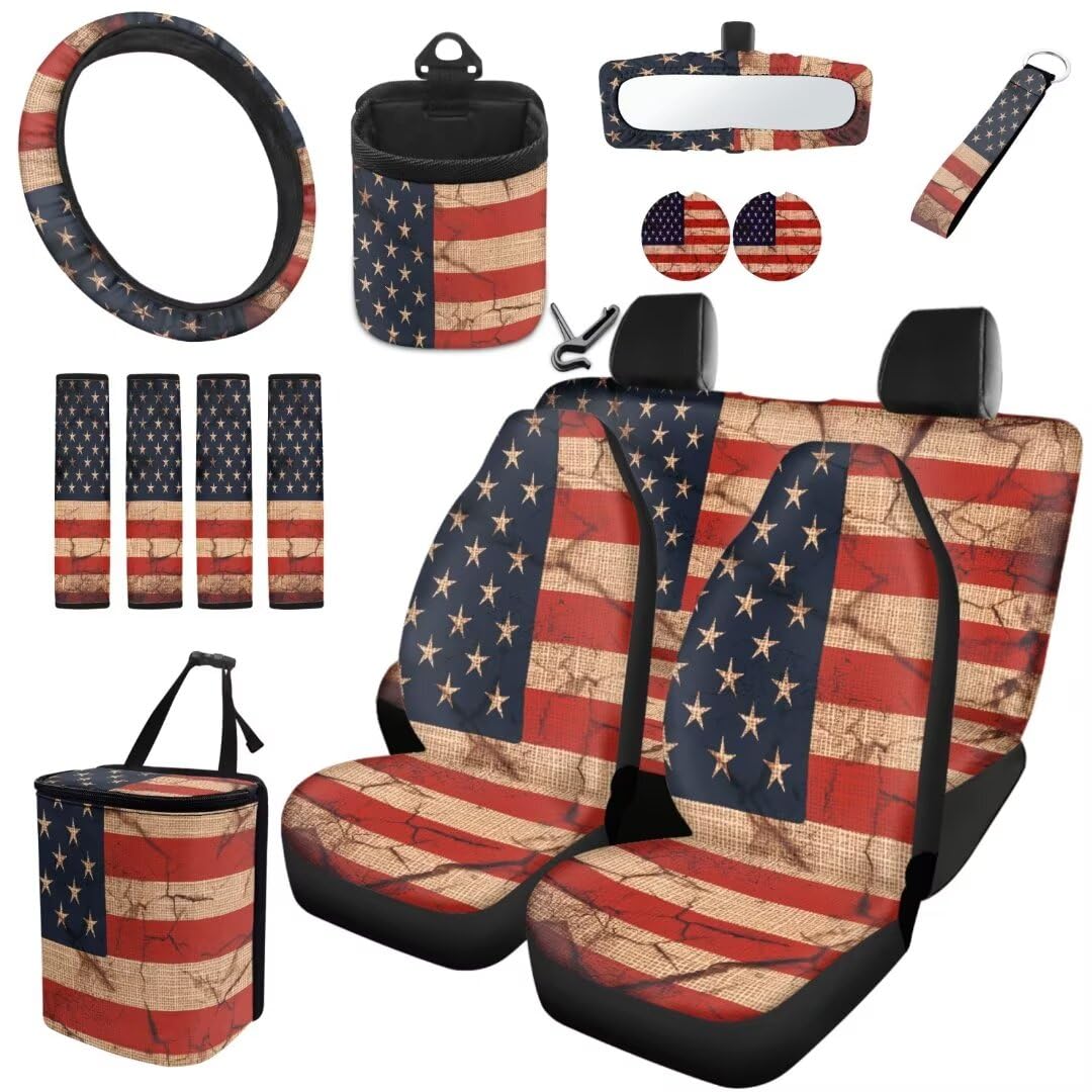 TOADDMOS Retro Amerikanische Flagge Satteldecke Autositzbezüge Set von 15 Dekorative Auto Lenkradabdeckung Müllbeutel Auto Cup Halter Untersetzer Air Vent Befestigungsstasche Sicherheitsgurt Pads von TOADDMOS