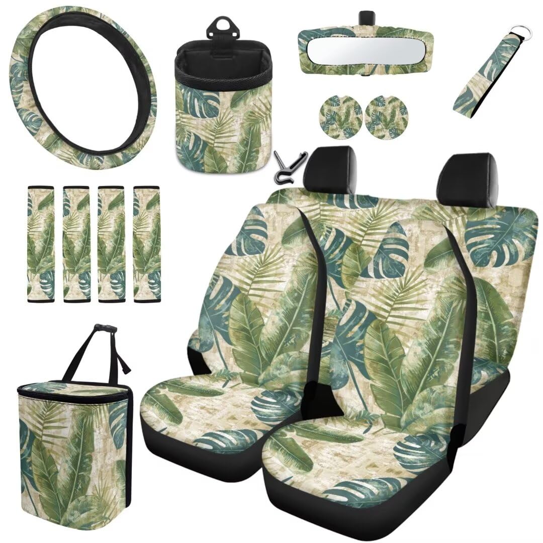 TOADDMOS Retro Stil Auto Innenraum Sitzbezug Set Palm Leaf Sicherheitsgurt Kissen Pad Hängende Mülleimer Auto Cup Mat Air Vent Aufbewahrungstasche Schlüsselanhänger Auto Lenkrad Zubehör,15 Stück Set von TOADDMOS