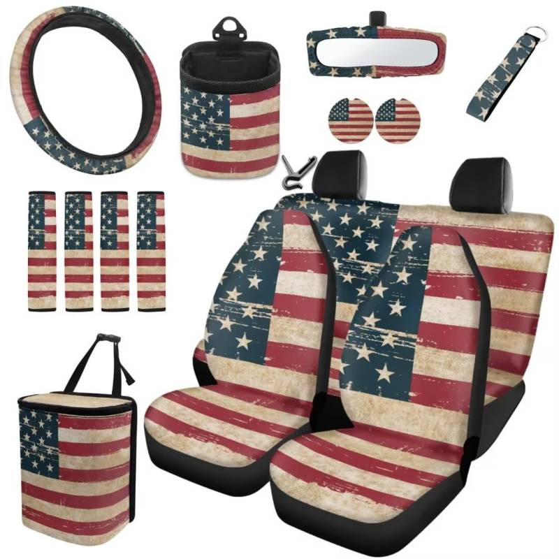 TOADDMOS Retro amerikanische Flagge Autositzbezüge Voller Satz von 15 Lenkradabdeckungen Hängende Mülleimer Auto Cup Mat Handgelenk Schlüsselanhänger Air Vent Bag Sicherheitsgurt Kissen Pads von TOADDMOS