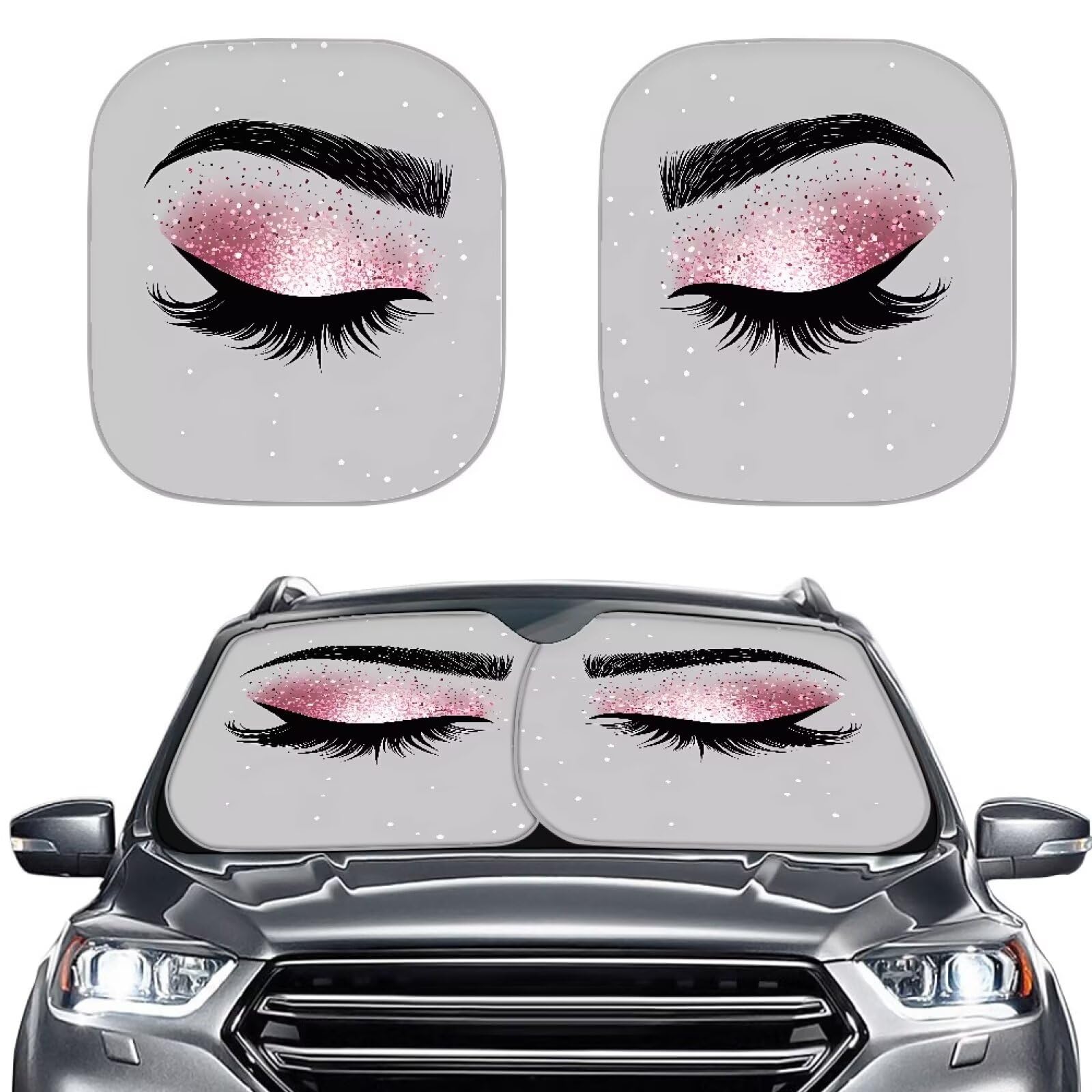 TOADDMOS Rosa Augen Wimpern Auto Sonnenschutz Set von 2 Faltbaren Sonnenschutz Schutz Auto Sonnenschutz für Auto Visier Front Fenster Sonnenschutz Auto Innenraum Zubehör Visier von TOADDMOS