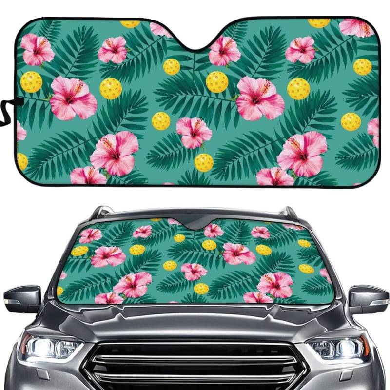 TOADDMOS Rosa Hibiscus Blumen Auto Windschutzscheibe Sonnenschutz Palmblatt Auto Faltbarer UV-Strahlenreflektor Auto Sonnenschutz blockiert UV-Strahlen und hält das Fahrzeug kühl von TOADDMOS