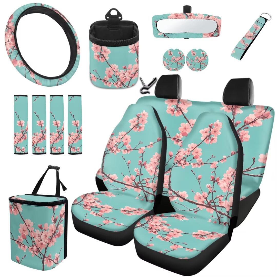 TOADDMOS Rosa Kirschblüte Autositzbezüge Set f 15 Dekorative Auto Lenkradabdeckung Auto Müllbeutel Auto Untersetzer Sicherheitsgurt Kissen Pad Air Vent Bag Handgelenk Schlüsselanhänger von TOADDMOS