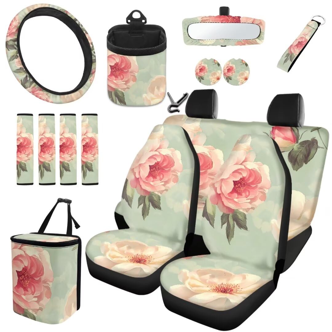 TOADDMOS Rosa Pfingstrose vorne und hinten Autositzabdeckung Voller Satz 15-Blumen Blüten Auto Lenkradabdeckung Auto Müllbeutel Belt Pads Air Vent Bag Schlüsselanhänger Auto Cup Halter Untersetzer von TOADDMOS