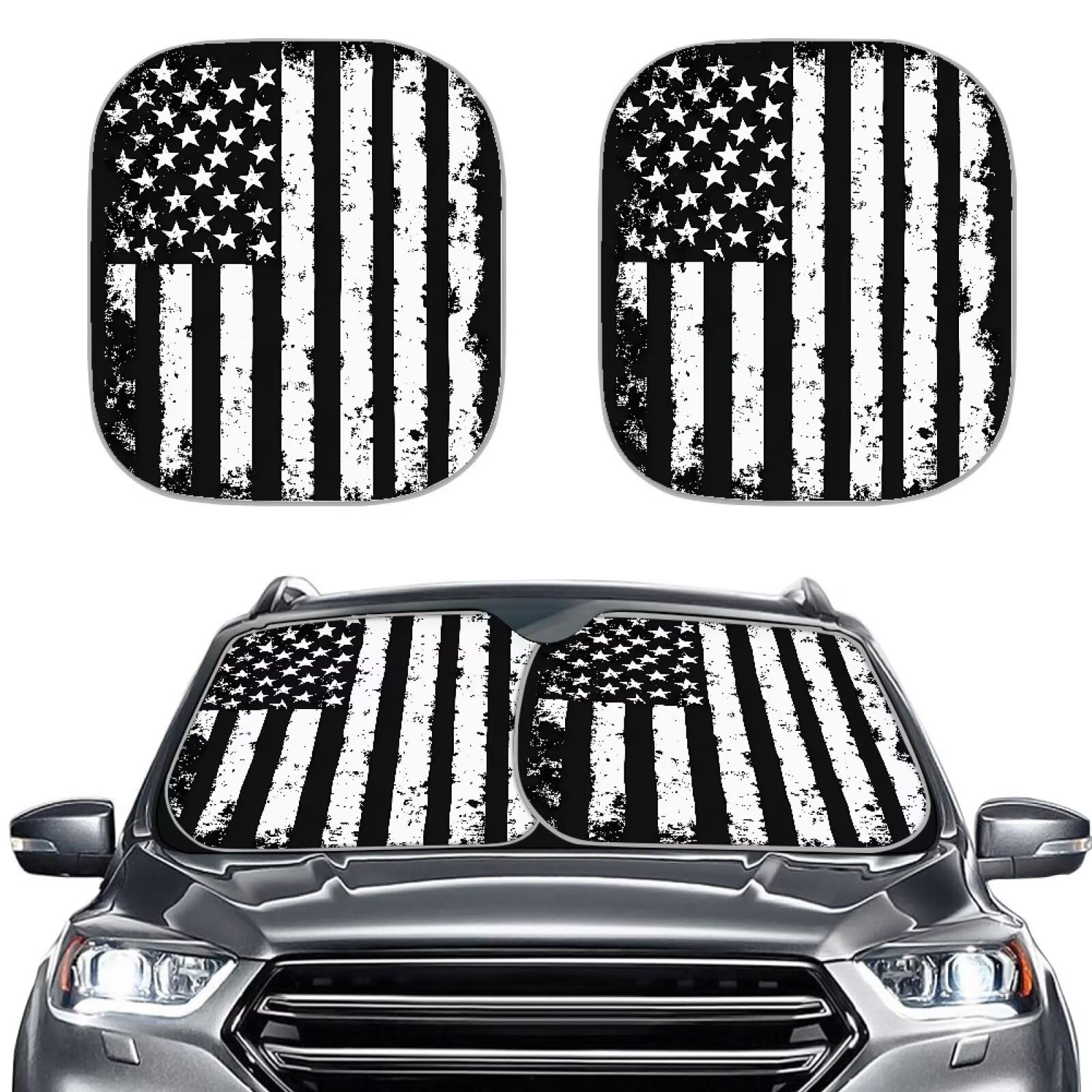 TOADDMOS Schwarz Amerikanische Flagge Windschutzscheibe Sonnenschirme für Auto UV Strahlen Reflektor Shade Protector, Auto Innenraum Zubehör für Sonnenwärme von TOADDMOS