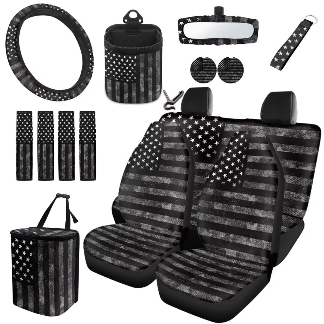 TOADDMOS Schwarz Camo Amerikanische Flagge Auto Sitzbezüge Set Universal Polyester Lenkradbezüge Weiche Sicherheitsgurt Pads Air Vent Aufhängestasche Schlüsselkette Auto Untersetzer, 15-Pack von TOADDMOS