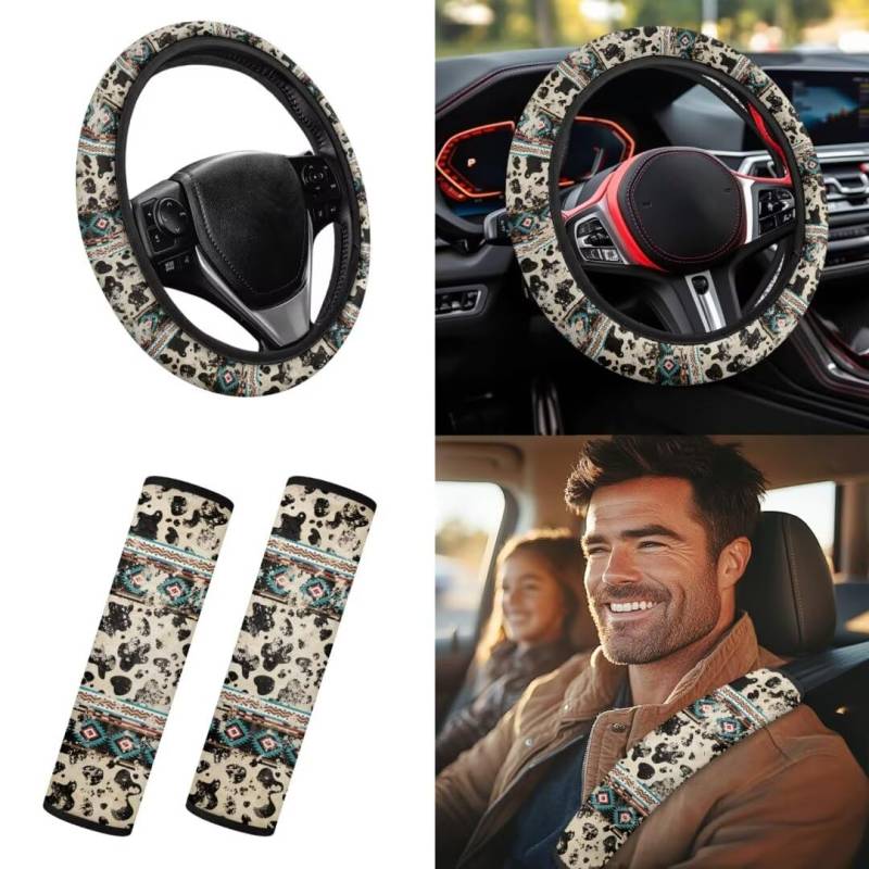 TOADDMOS Schwarz Kuh Spots Auto Sicherheitsgurt Abdeckung für Frauen Retro Aztec Geometrie Auto Lenkradabdeckung für Männer Bequeme Ethnische Art Warme Auto Sicherheitsgurt Abdeckung von TOADDMOS