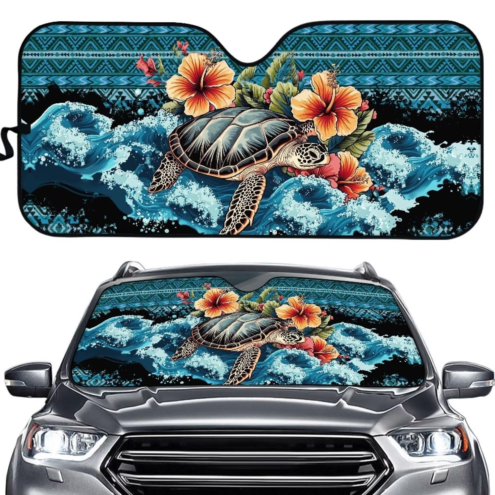 TOADDMOS Sea Hibiscus Schildkröte Auto Windschutzscheibe Sonnenschutz Aztec Geometrie Heatshield Frontfenster Auto Sonnenschutz Windschutzscheibe für Auto Limousine LKW SUV Zubehör von TOADDMOS