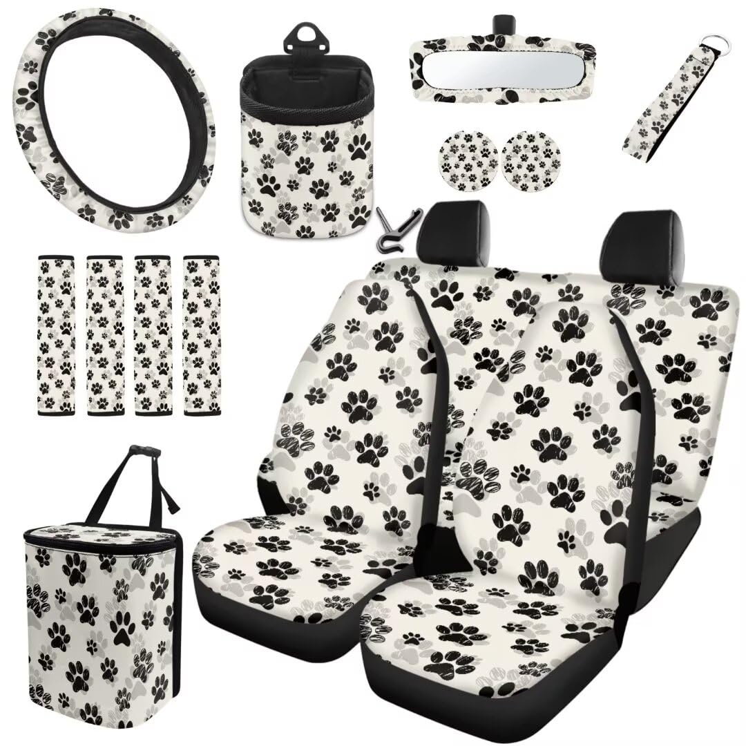 TOADDMOS Soft Satteldecke Autositzbezüge Full Set Black Dog Paw Print Lenkrad Protector Sicherheitsgurt Kissen Pad Auto Mülleimer Auto Cup Halter Untersetzer Handgelenk Schlüsselanhänger,15 Pack von TOADDMOS